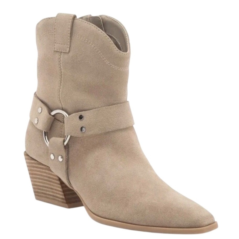 Open Edit Taupe Leather Suede Western Harness Ankle Boots Square Toe Size 10M